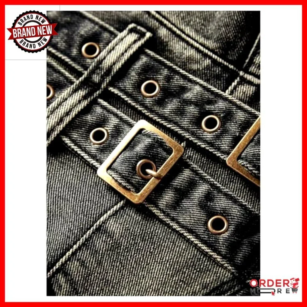 Denim Halter Top Frayed Edge Buckle Backless Punk Grunge Festival Crop - Picture 3 of 5